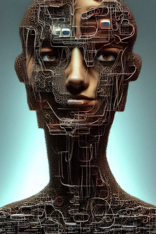 Prompt: a woman's head made up of mechanical parts, cyberpunk art by peter gric, cgsociety, generative art, circuitry, behance hd, greeble