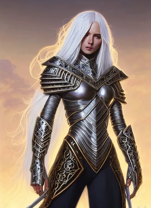 Image similar to iridescent armor!!! long wild white hair!! covered chest!!! fantasy, d & d, intricate ornate details, digital painting, pretty face!!, symmetry, concept art, sharp focus, illustration, art by artgerm! greg rutkowski magali villeneuve wlop! ilya kuvshinov!!, octane render