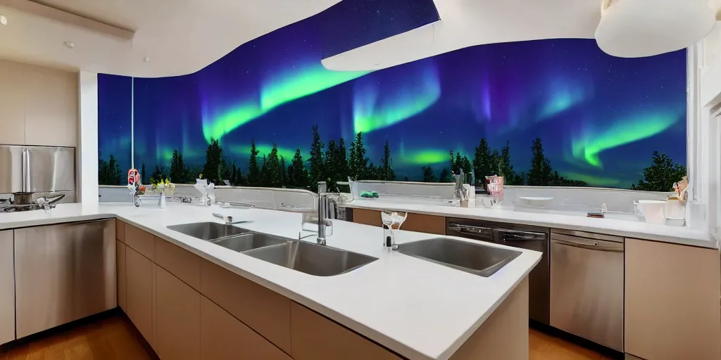 Prompt: aurora borealis in a kitchen