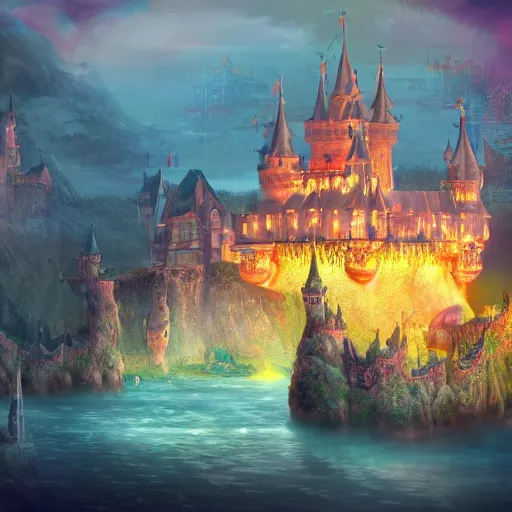 Image similar to A magical fantasy royal castle town that sits on a magnificent floating island; night scenery, trending on artstation, award winning digital art