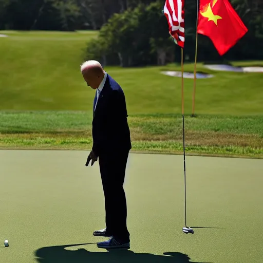 Image similar to xi jingping hits a putt while joe biden tends the flag