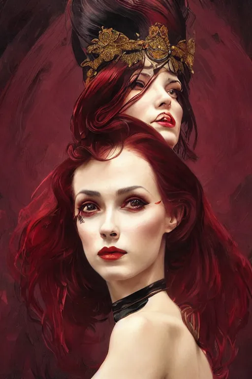 Prompt: a beautiful portrait of prima ballerina with long black and deep red colored hair dressed as a 1 9 6 0 s go - go dancer, intricate, elegant, highly detailed, digital painting, artstation, concept art, symmetrical face, matte, sharp focus, illustration, art by greg rutkowski and alphonse mucha