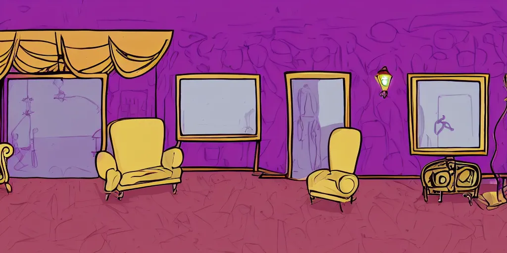 Image similar to a dimly lit, theater dressing room, with a mirror, a chair, a couch, day of the tentacle style, drawn by Peter Chan