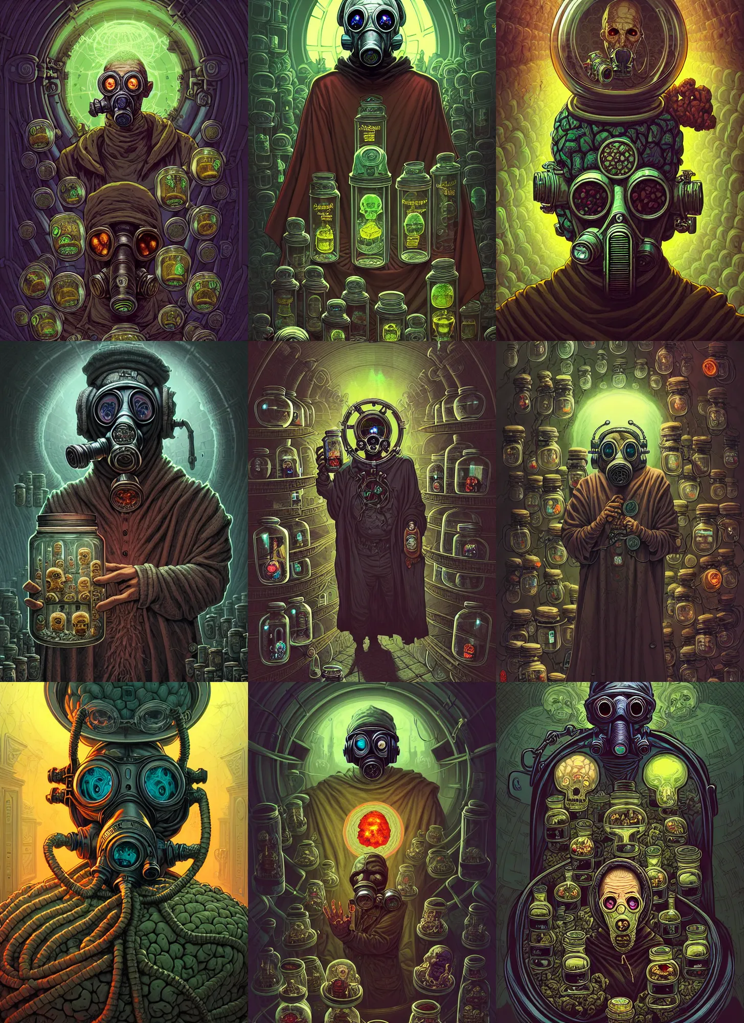 Prompt: portrait of the old necromancer, wearing a wizard cloak, gas mask, surrounded by brains inside jars, illustrated by dan mumford and peter mohrbacher, hyper detailed, intricate, complex, 8 k, trending on cg society, crisp, no recursion,