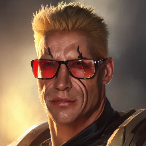 Image similar to portrait of duke nukem, backlit, painted by stanley lau, painted by greg rutkowski, painted by stanley artgerm, masterpiece, digital art, trending on artstation