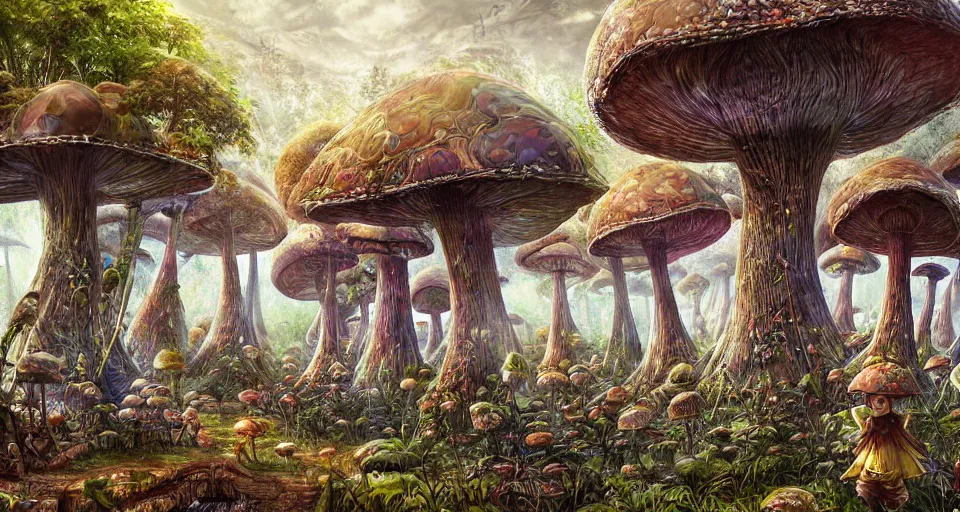 Image similar to A tribal village in a forest of giant mushrooms, by Android jones,