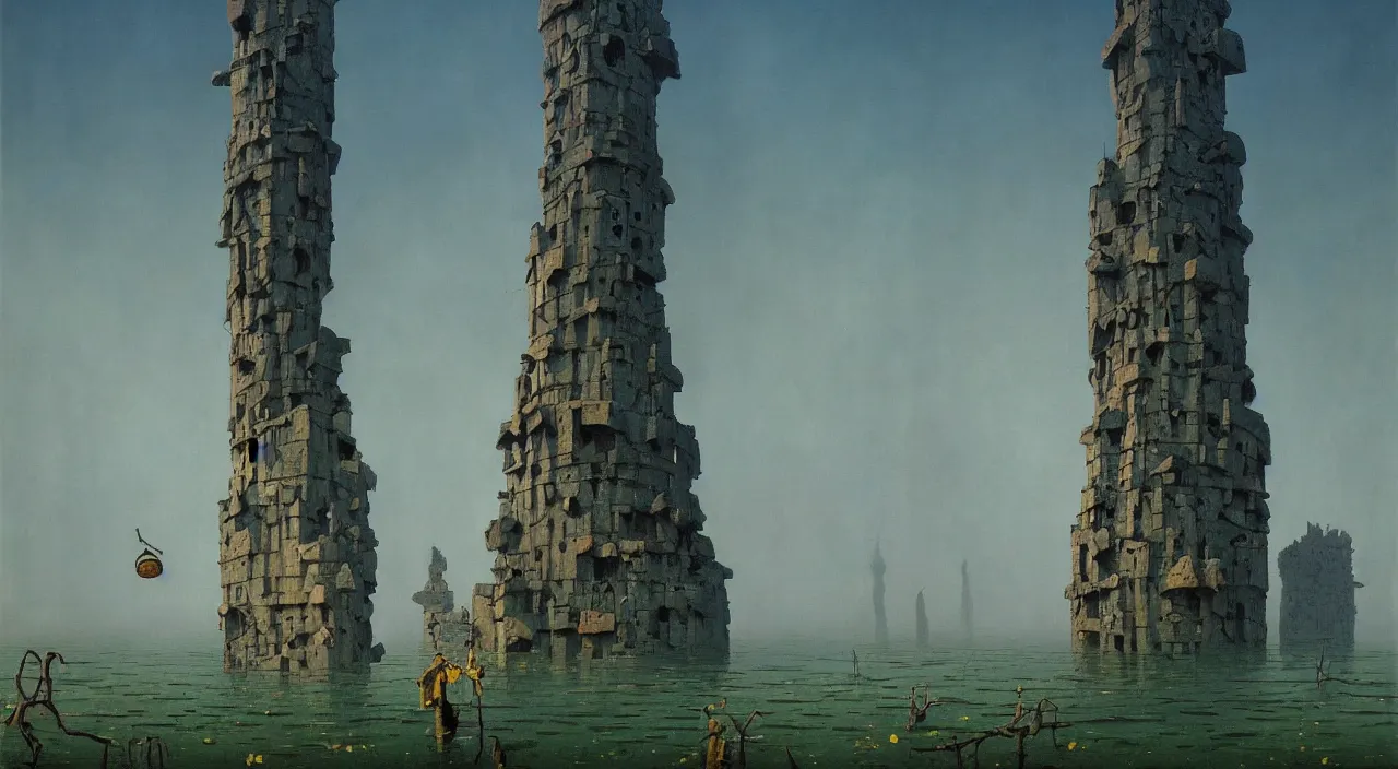 Prompt: a high contrast! painting of a minimalist flooded ancient fungus tower by rene magritte simon stalenhag carl spitzweg jim burns, full-length view, vibrant colors, extremely high contrast!, symmetry, great composition, high detail, cinematic lighting, award winning masterpiece, trending on artstation