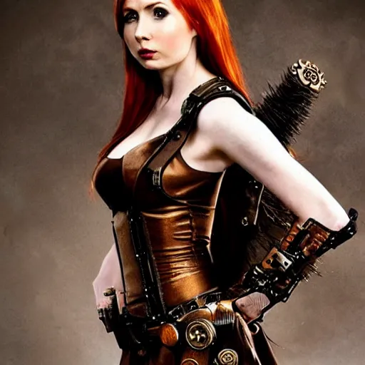 Prompt: photo of karen gillan as a steampunk amazon warrior