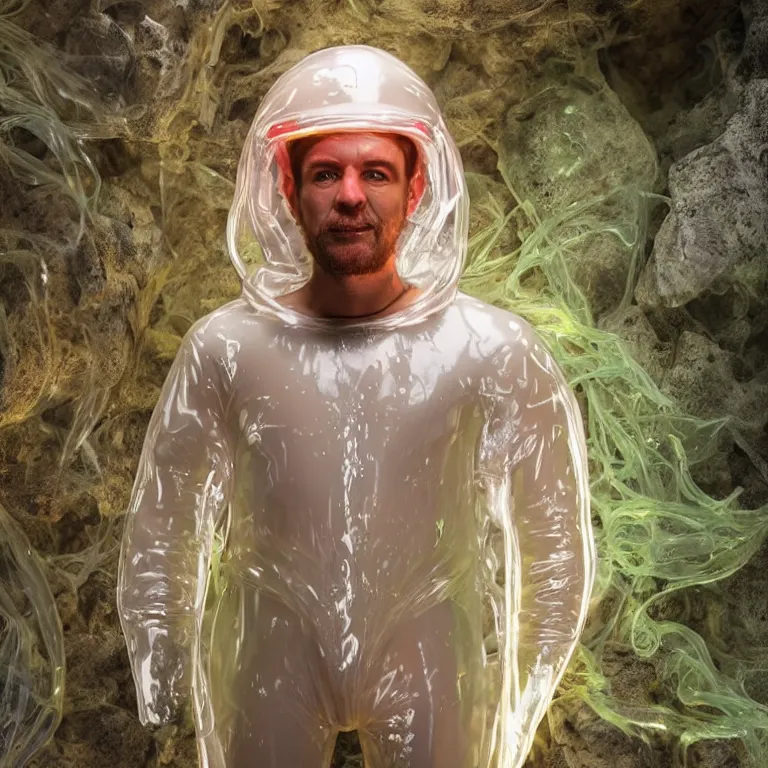 Image similar to octane render portrait by wayne barlow and carlo crivelli and glenn fabry, a man wearing a clear plastic suit filled with glowing colorful slime, inside a wet rocky cavern, cinema 4 d, ray traced lighting, very short depth of field, bokeh