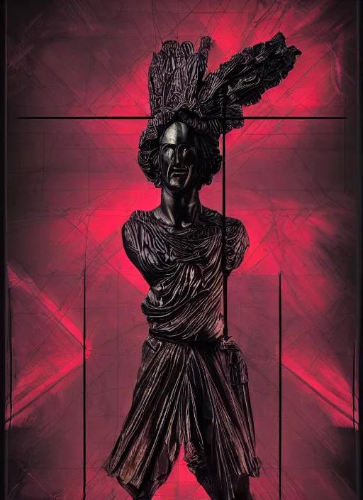Image similar to elegant dark design poster showing a greco roman statue, black background with very subtle red and purple design elements, powerful, nekro, vito acconci, thick straight lines, dark, glitch art, neo vaporwave, gritty, layout frame, square, extremly detailed, trending on artstation