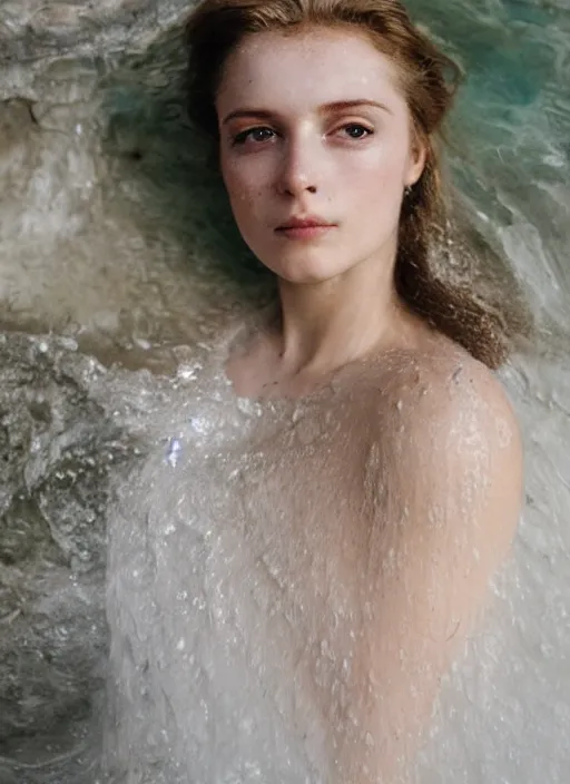 Image similar to Kodak Portra 400, 8K, soft light, volumetric lighting, highly detailed, britt marling style 3/4 ,portrait photo Close-up portrait photography of a beautiful woman how pre-Raphaelites, the face emerges from Pamukkale, thermal waters flowing down white travertine terraces, inspired by Ophelia paint ,and hair are intricate with highly detailed realistic beautiful flowers , Realistic, Refined, Highly Detailed, interstellar outdoor soft pastel lighting colors scheme, outdoor fine art photography, Hyper realistic, photo realistic