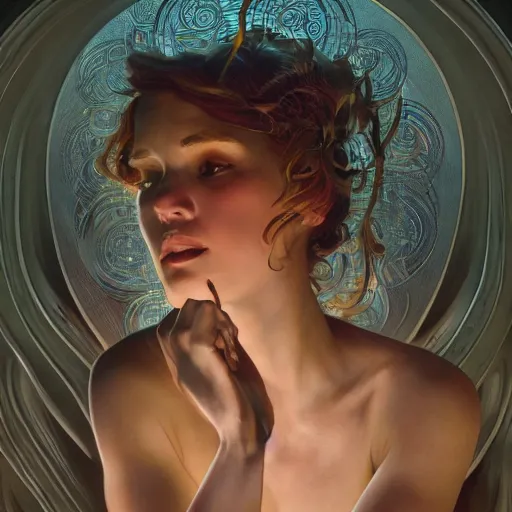 Prompt: Her soul was made of poems, her hair music, Her skin was made of words that my hands couldn't wait to read, highly detailed, digital painting, artstation, concept art, sharp focus, illustration, art by alex ross and greg rutkowski and alphonse mucha