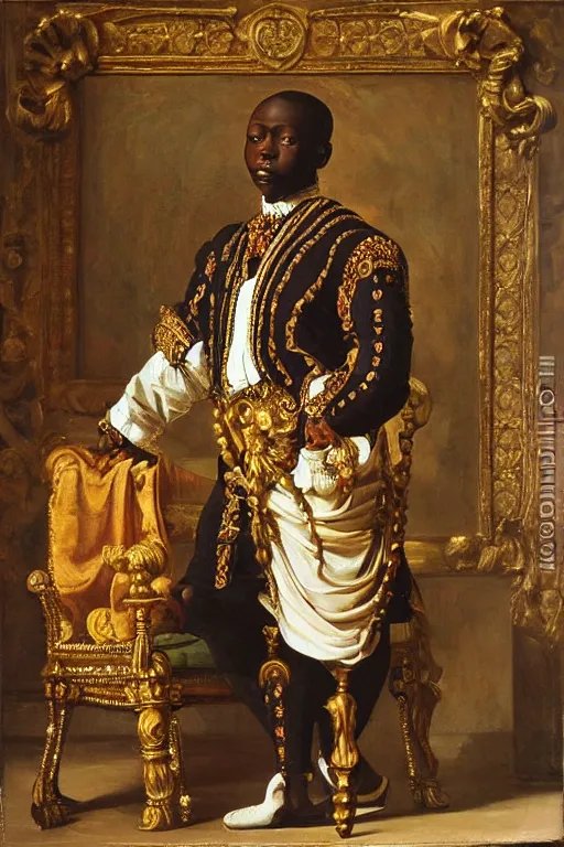 Prompt: victorian oil painting of african nobility in an ornate and baroque throne room, highly detailed, portrait by caravaggio