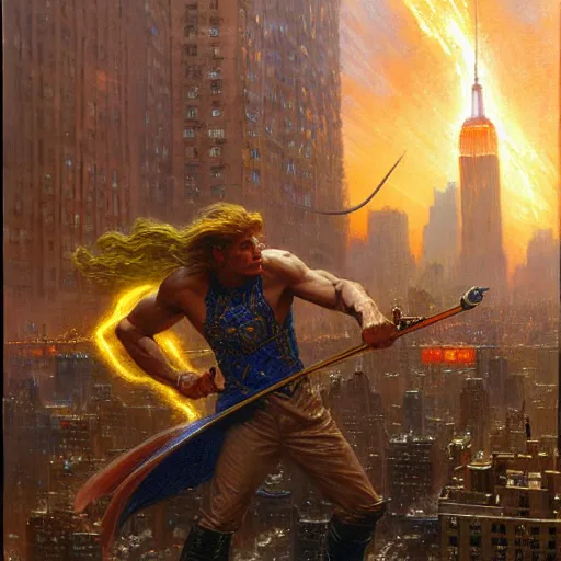 Image similar to stunning male master wizard fighting invading aliens in new york city by his thunder spell, highly detailed painting by gaston bussiere, craig mullins, j. c. leyendecker, 8 k