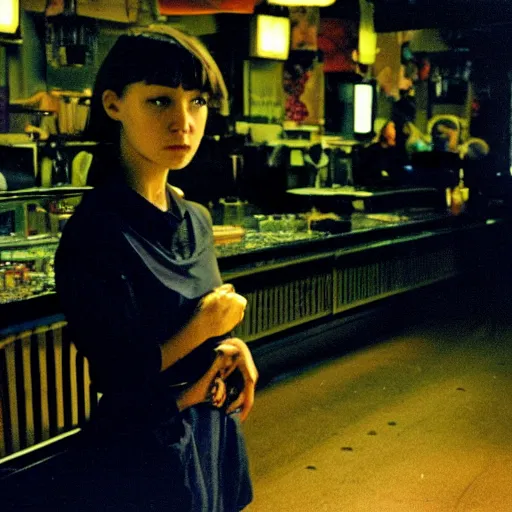 Image similar to a cyborg girl leaning against the counter in a night club staring at the camera, a photograph by Aki Kaurismäki and Christopher Doyle.