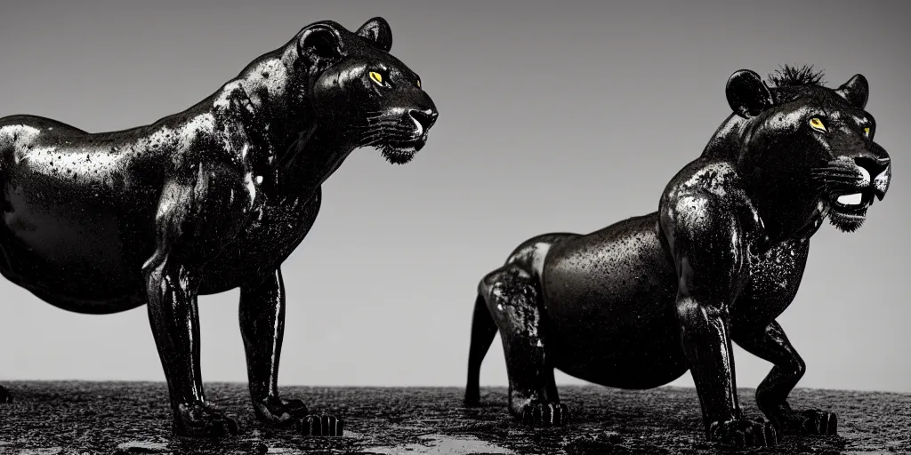 Image similar to a black lioness made of tar bathing inside the bathtub full of tar, covered with black goo, covered with slime, drooling ferrofluid, dripping ferrofluid. dslr, photography, realism, animal photography, color, modern bathroom, hyper realistic, 8 k resolution, v - ray, render, photoreal