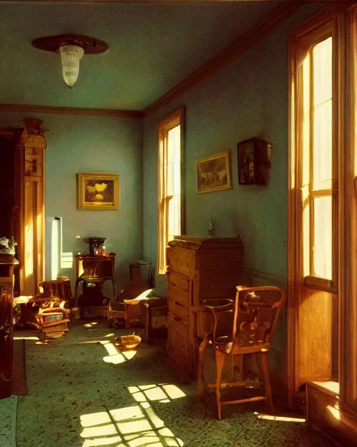 Image similar to the interior of a house in devonshire, painterly, offset printing technique, photographed on kodachrome by brom, robert henri, walter popp, cinematic lighting, various refining methods, micro macro autofocus, ultra definition, award winning photo