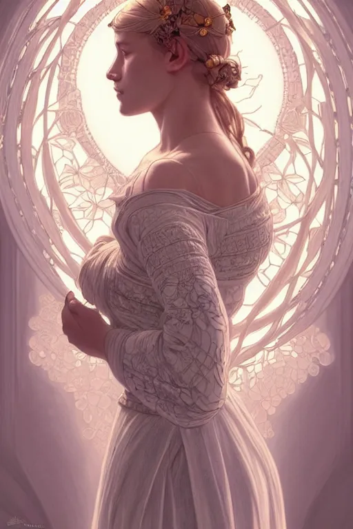 Image similar to symmetry!! full body portrait!!!! of a beautiful!!!! delicate elegant nordic shield maiden, pretty face!!!!, flower petals, intricate, elegant, highly detailed, digital painting, artstation, concept art, smooth, sharp focus, illustration, art by artgerm and greg rutkowski and alphonse mucha, 8 k