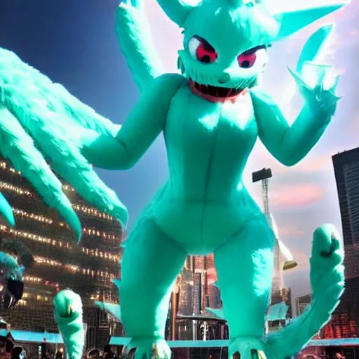 Prompt: toei productions kaiju miku hatsune as a giant monster. mikuzilla