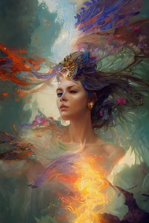 Prompt: a portrait of etheral godess surounded by firebirds in intricate detailed color smashing fluid oilpaint, 3 d render, hyper realistic detailed, color leaves, ruan jia, wlop. scifi, fantasy, hyper detailed, octane render, concept art, intense colors by peter mohrbacher, by wlop, by ruan jia, by alphonse mucha