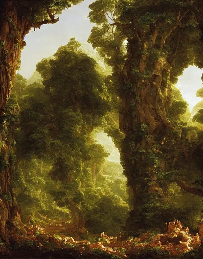 Prompt: an big ancient greek statue lost in a gigantic forest by thomas cole, painting, cinematography, epic lighting,