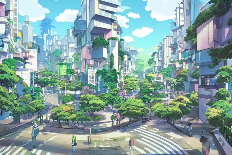 Image similar to an optimistic futuristic city street with a pop cannabis leaf motif, freestyle thick black edges, by studio ghibli