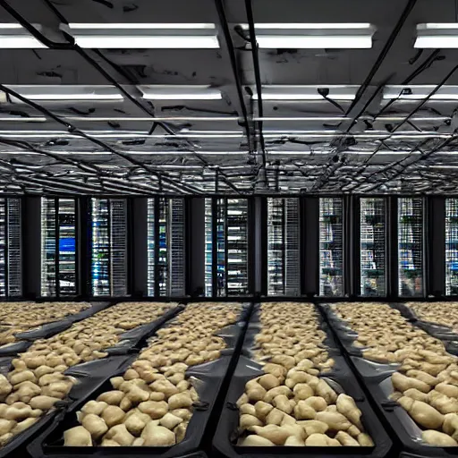 Prompt: studio photo still of a server room filled with potatoes, on fire room is on fire blazing fire!!!!!, 8 k, studio lighting, overhead lighting