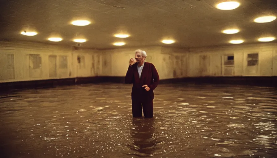 Image similar to 7 0 s movie still of an old man standing in a soviet ballroom flooded in mud, cinestill 8 0 0 t 3 5 mm, heavy grain, high quality, high detail