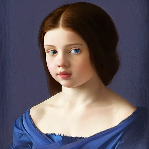 Image similar to full body portrait of a girl with blue eyes, gentle round face, with a bright smile, long dark hair, highly detailed, deep focus, elegant, digital painting, smooth, sharp focus, golden ratio, illustration, ultra realistic, 8 k, art by artemisia lomi gentileschi and caravaggio