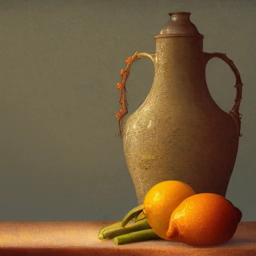 Image similar to still art, antique jug with palms inside, old candle, much vegetables, lemon, orange, pepper, cinematic light, detailed, digital art, concept art, trending on artstation, highly detailed, intricate, sharp focus, digital art, 8 k