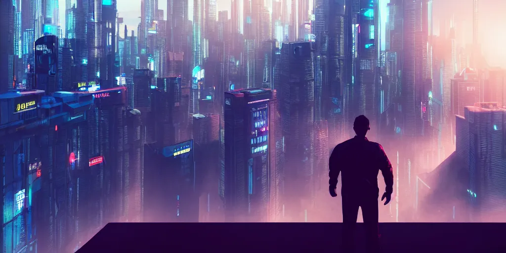 Prompt: a view of a man's back standing on top of a building, with cyberpunk city buildings in the background, volumetric light, cinematic, moody