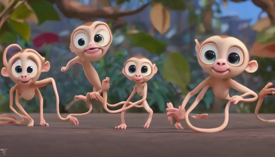 Image similar to very very very cute baby monkeys by Max Kostenko and Bobby Chiu, disney, pixar, MPC, Framestore, character design for animation, uplight, a lineup of characters, big disney eyes, symmetrical eyes, cuteness, 3d render, octane rendered, rendered by maya and houdini, highly detailed, unreal engine, Trending on Artstation, octane render, 4k, 8k, HD