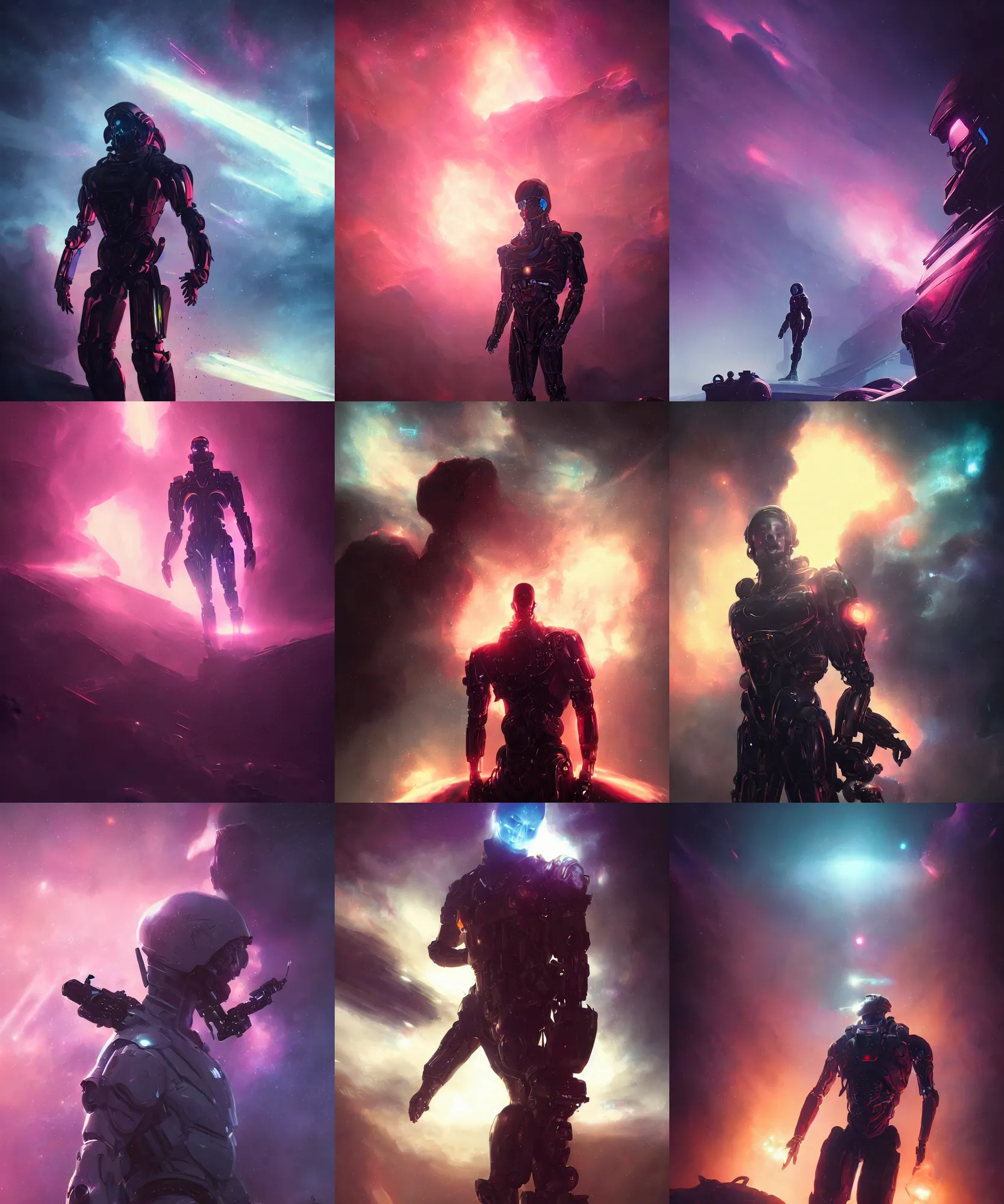 Prompt: humanoid _ muscular royal _ cyborg space _ men _ rockstar in _ a _ dramatic nebula in, mid shot, cinematic, backlight, mist, synthwave futuristic style by greg rutkowski