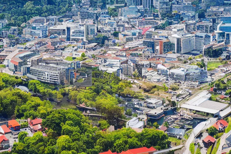 Image similar to bird's eye view photography of a small city. town hall, central farm, monorail station, beach and shipping dock. hills, woods and lake to the north.