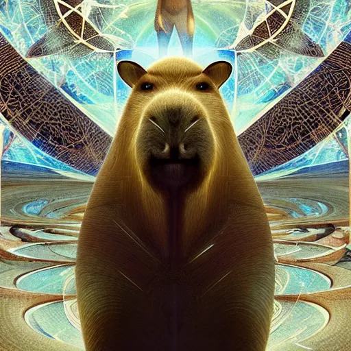 Image similar to capybara surrounded by sacred geometry made from elven architecture, gorgeous, powerful, cinematic, beautifully lit, by artgerm, by karol bak, 3 d, trending on artstation, octane render