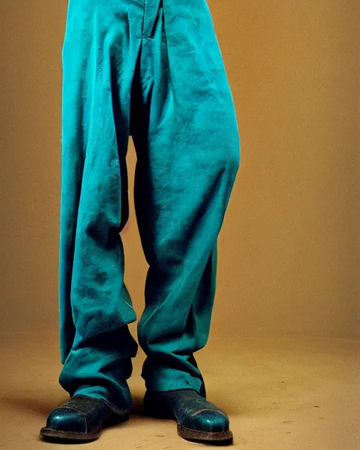 Prompt: an award - winning photo of a ancient male model wearing a teal boot cut flared distressed medieval designer menswear trousers designed by kapital, 4 k, studio lighting, wide angle lens, 2 0 0 4