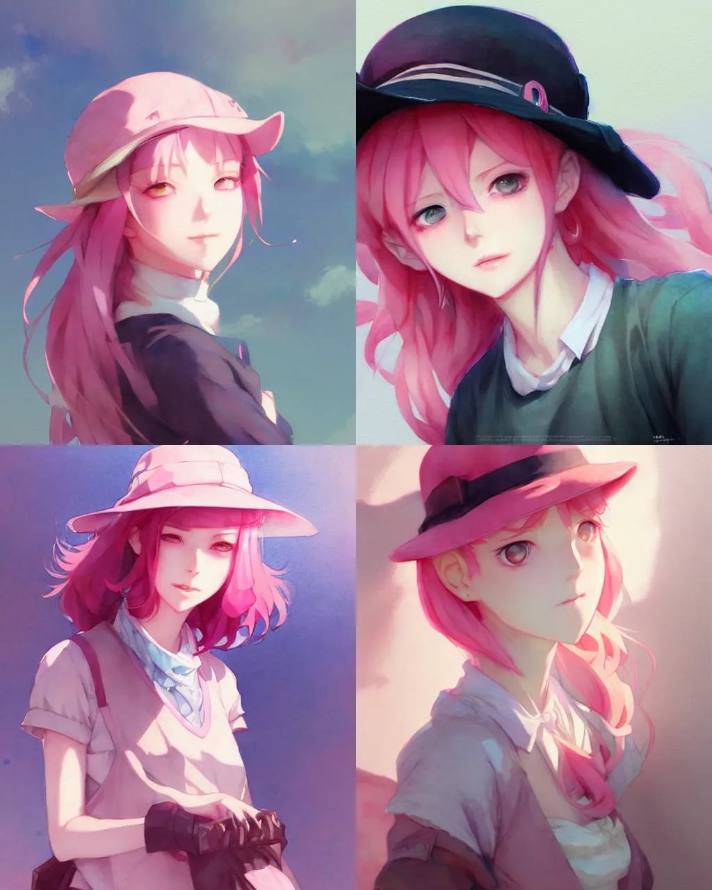 Prompt: a girl with pink hair wearing hat, a beautiful half body illustration, top lighting, perfect shadow, leaning towards watercolor, art by hidari and krenz cushart and wenjun lin