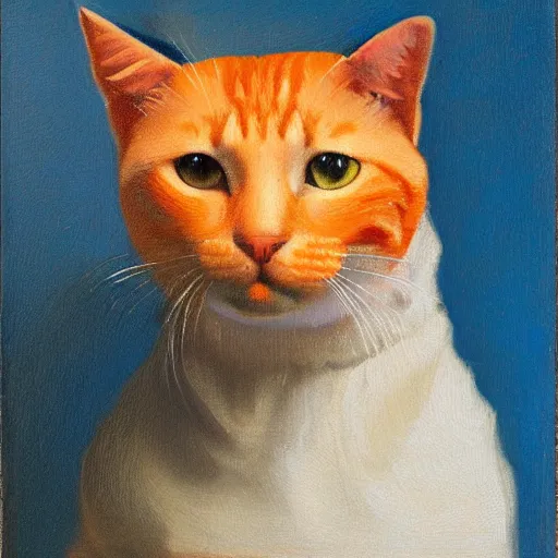 Prompt: an orange cat by jan vermeer, oil painting, highly detailed ， headshot, 8 k