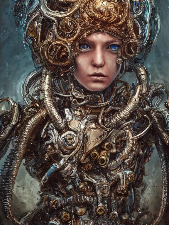 Image similar to portrait art of 8k ultra realistic Medusa, detailed intricate ornate armour,decaying, cybernetic, full of colour, cinematic lighting, battered, trending on artstation, 4k, hyperrealistic, focused, extreme details,unreal engine 5, cinematic, masterpiece, art by ayami kojima, giger