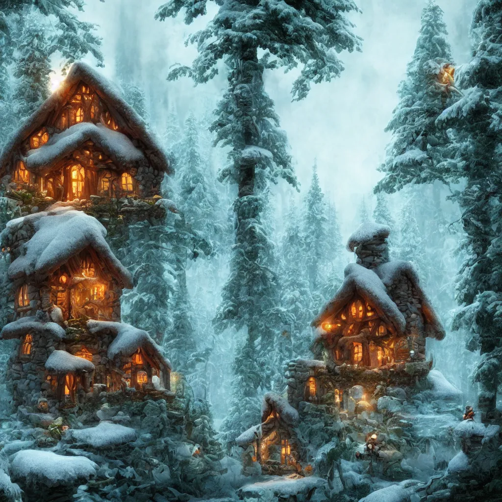 Image similar to elf magical forest cabin with a chimney fantasy, trending on artstation, octane