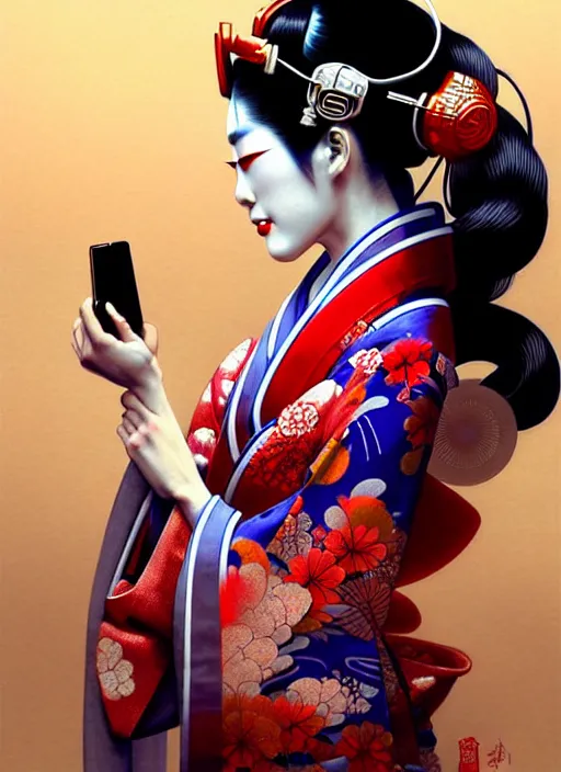 Prompt: sensual japanese geisha wearing vr eyepiece, intricate geisha kimono, robotic, android, cyborg, cyberpunk face, steampunk, fantasy, intricate, elegant, highly detailed, colorful, digital painting, cool warm lighting, artstation, concept art, art by artgerm and greg rutkowski and ruan jia,