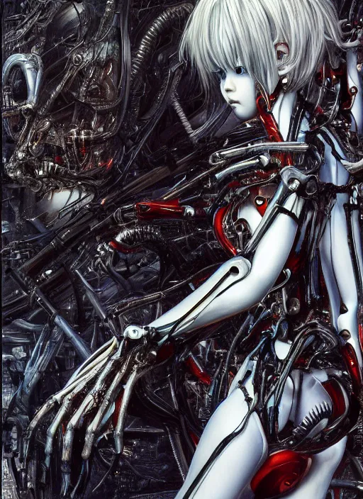 Prompt: Rei Ayanami by Yoshitaka Amano, by HR Giger, biomechanical, 4k, hyper detailed, hyperrealism, anime