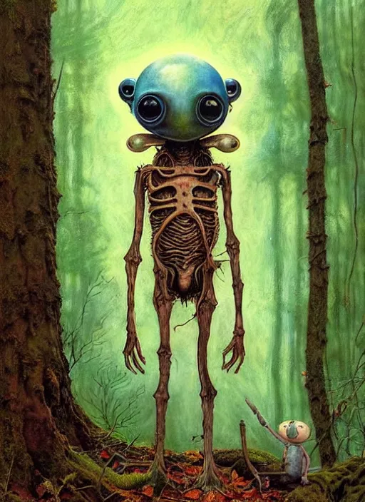 Image similar to cuddly friendly alien in the woods by a river gorgeous lighting, lush forest foliage blue sky a hyper realistic painting by chiara bautista and beksinski and norman rockwell and greg rutkowski, weta studio, and lucasfilm