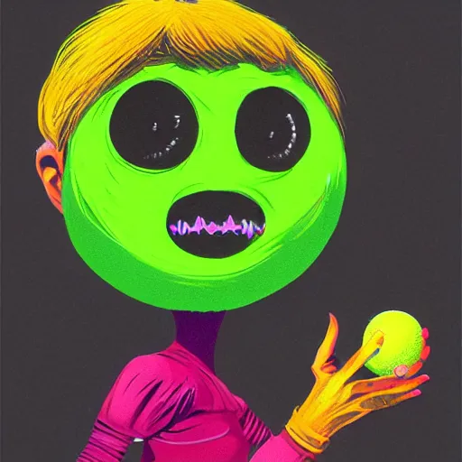 Image similar to a Paris Hilton, woman, paris hilton tennis ball monster, tennis ball, chalk, digital art, fantasy, magic, trending on artstation, ultra detailed, professional illustration by Basil Gogos