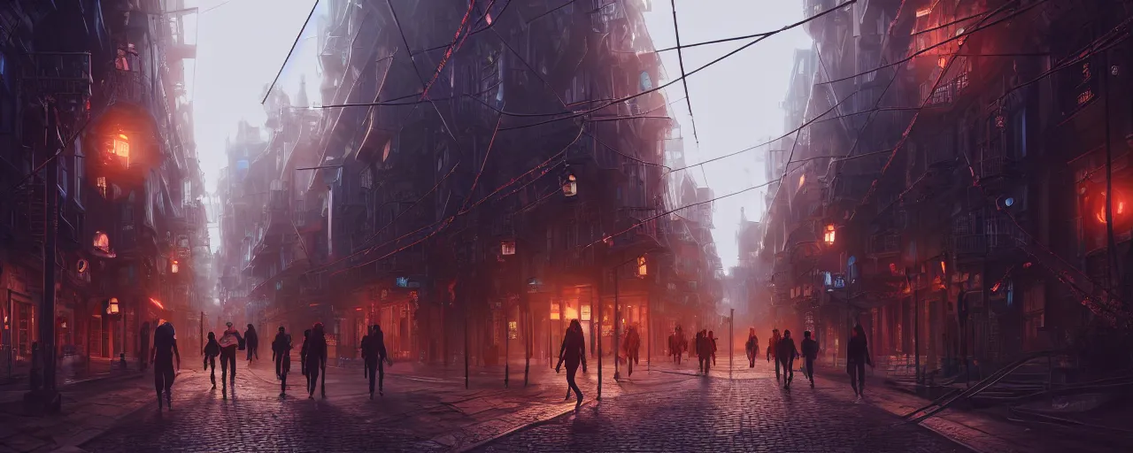 Prompt: an intricate detail of a city street in the metaverse with walking people with VR headsets and wires, highly detailed, cinematic lighting, volumetric lighting, Artstation, concept art, hyper realistic, cgsociety