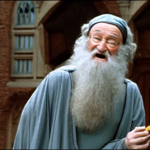 Image similar to Robin Williams playing Dumbledore in Harry Potter, screenshot