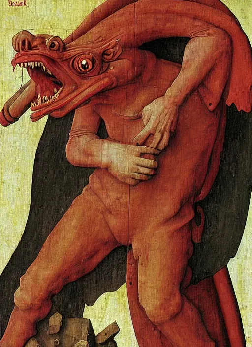 Image similar to red devil Gargoyle, Medieval painting by Jan van Eyck, Hieronymus Bosch, Florence