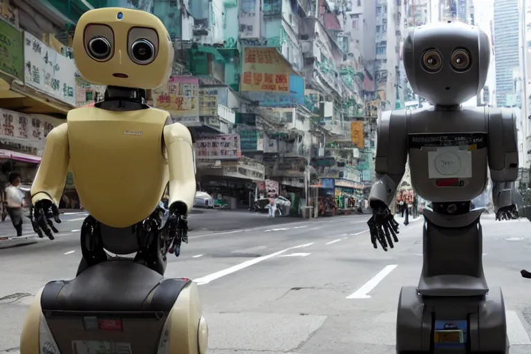 Prompt: robots helping elderly tourists in Hong Kong by Roger Deakins