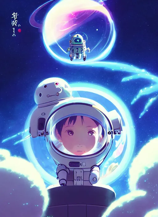 Image similar to portrait of cute kawaii astronaut android navigating a large biomechanical kaiju dragon, nebulous background of dynamic space, a dramatic composition by wlop and greg rutkowski and makoto shinkai and studio ghibli and kyoto animation cute bubbly clothing