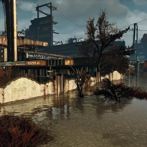 Image similar to atlanta flooded and in ruins post - nuclear war in fallout 4, in game screenshot